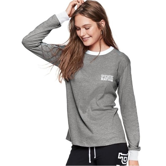 Vs Victorias Secret PINK LONG SLEEVE RINGER TEE SHIRT TOP CLAY GREY M - Picture 2 of 6